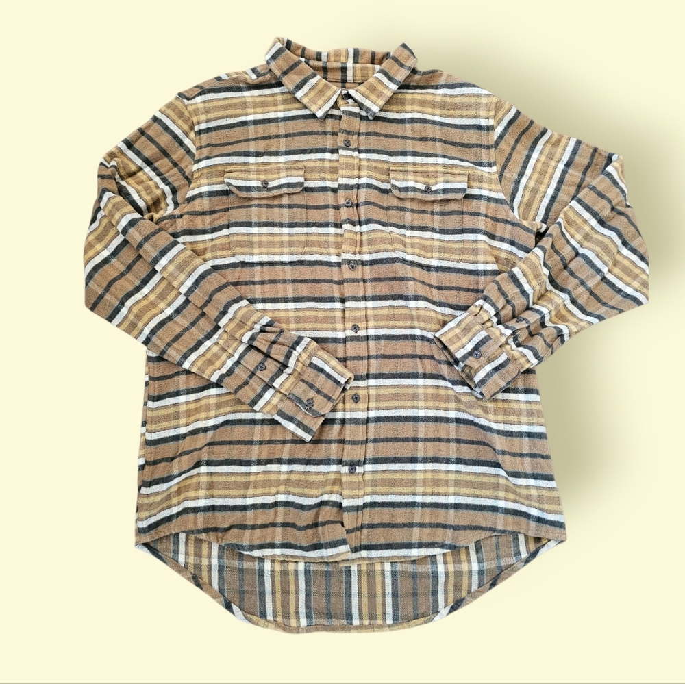 Bridge & Burn Flannel Cotton Cozy Brown Striped Plaid Heavy Duty Shirt Sz‎ XXL